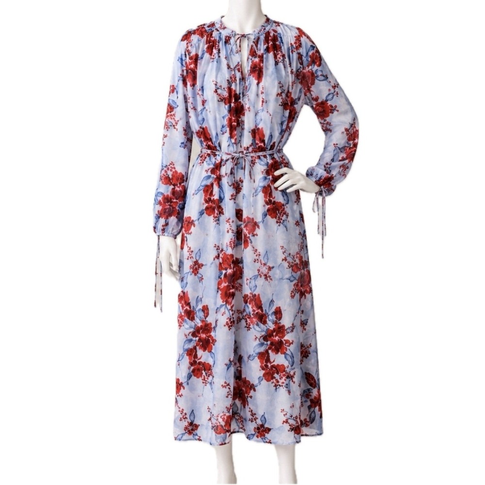J. CREW Floral Organic Cotton Voile Tie-Neck Maxi Dress Blue Red Resort Boho | M